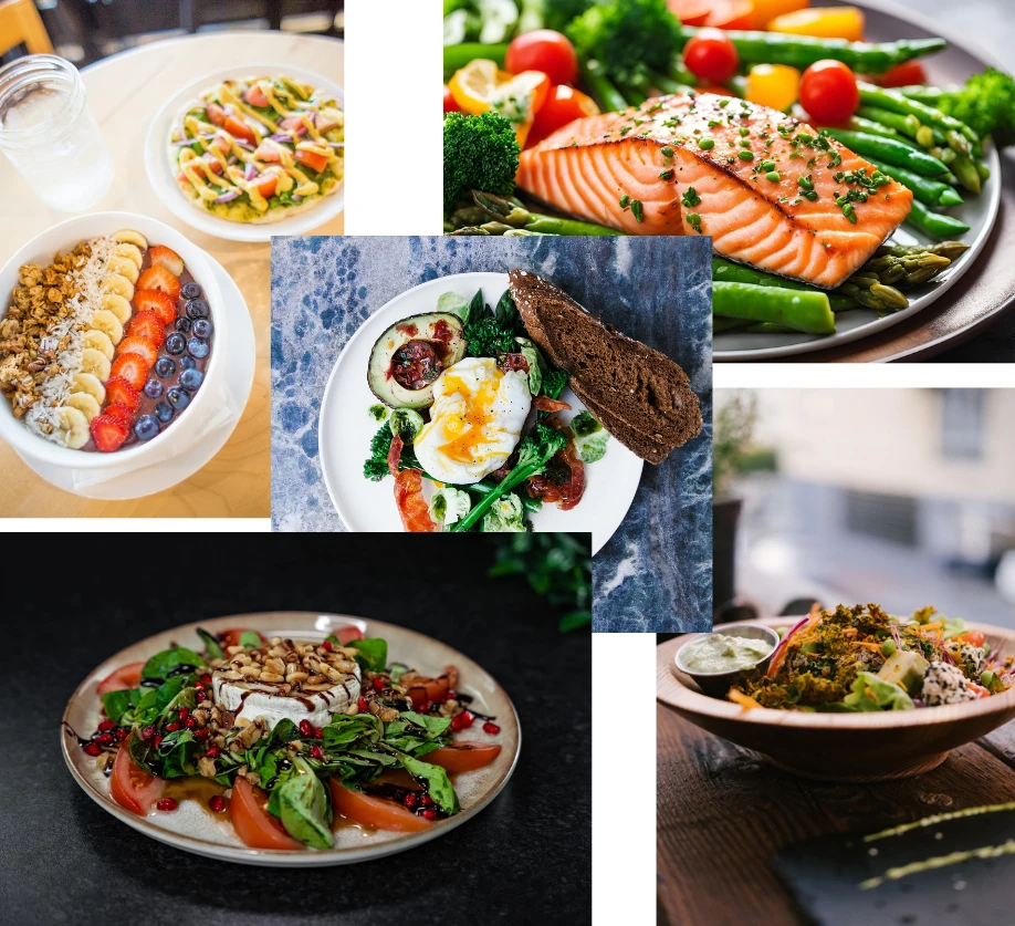 Image of 4 healthy food Dishes sitting on a table.